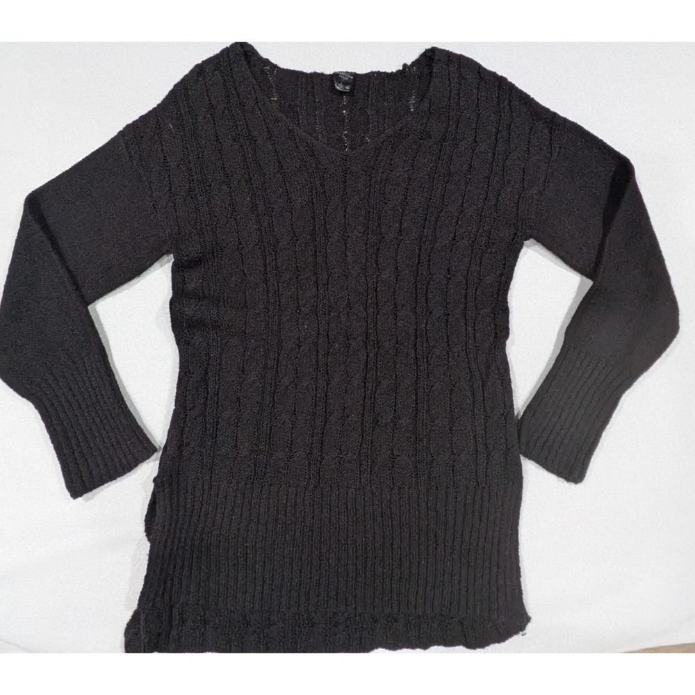 Madison Lilly Sweater Womens L Black Excellent Cable Knit V-Neck Long Sleeve